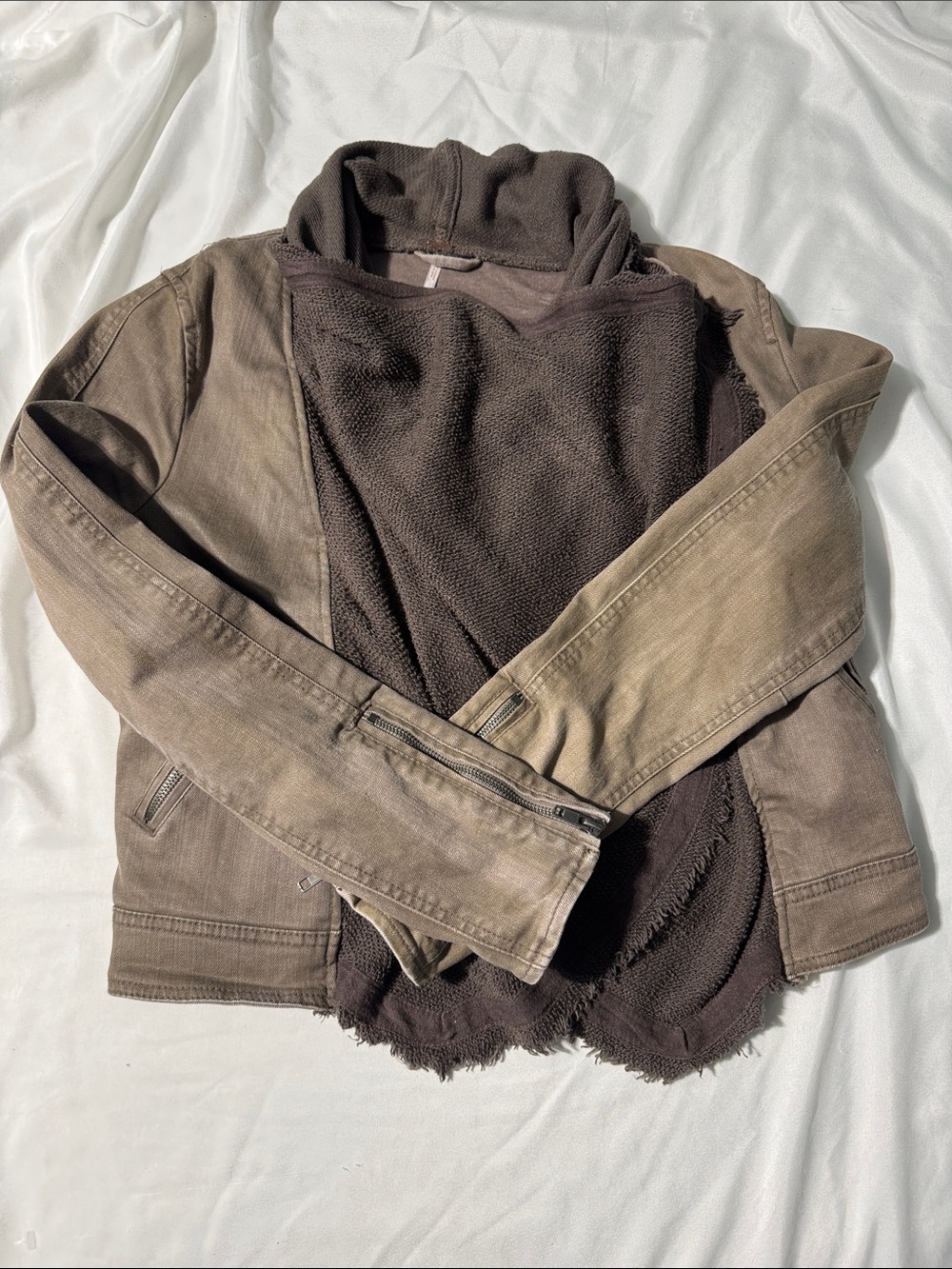 Free People Coated Denim & Knit Drape Front Moto Jacket – Size 8/M Grunge Boho